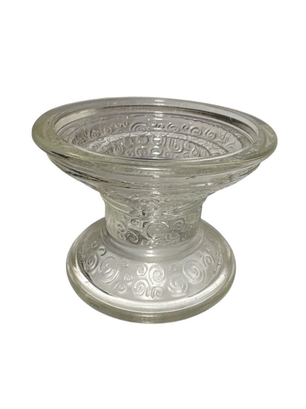 Vintage Glass Taper Candle Holder With Scroll Design Clear Glass 3.25" Tall